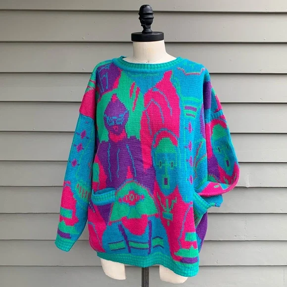 Vintage 80s People Faces Multicolor Kitschy Novelty AOP Sweater - Picture 8 of 16